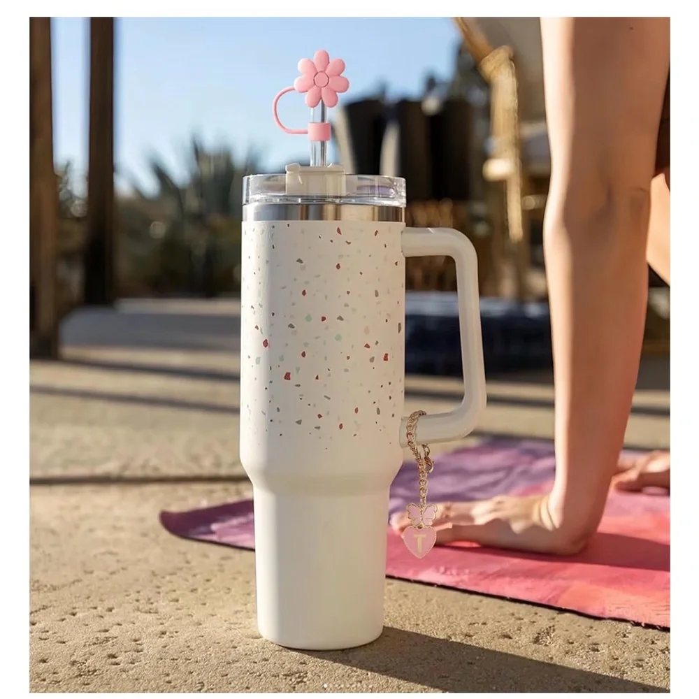 Kids Pink Travel Tumbler with Flower Straw Cap & Heart Charm - Picture 3 of 3